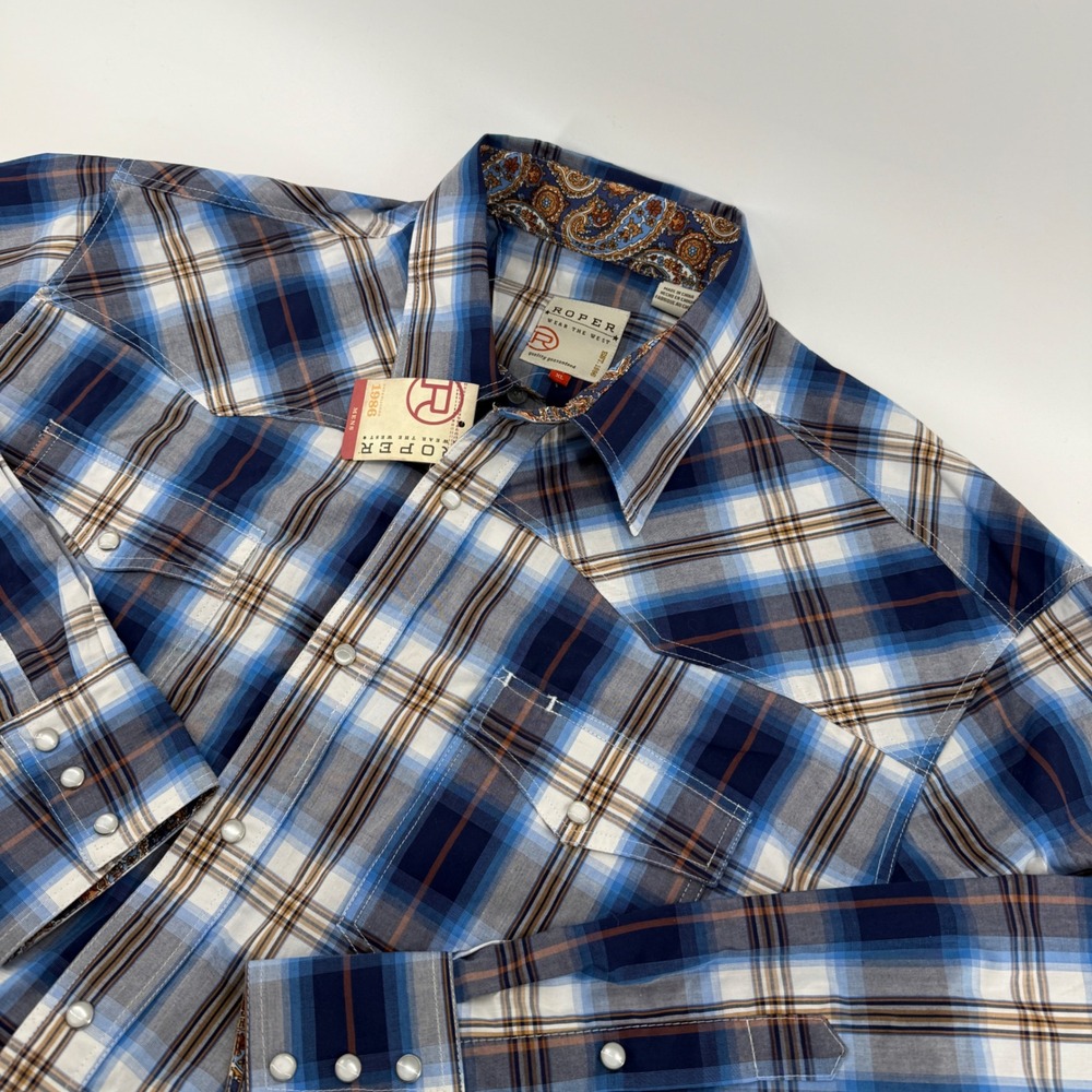 Roper Mens Western Snap Shirt Blue Plaid Paisley Trim Long Sleeve XL